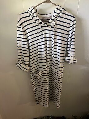 Chico's White and Navy Striped Hooded Tunic